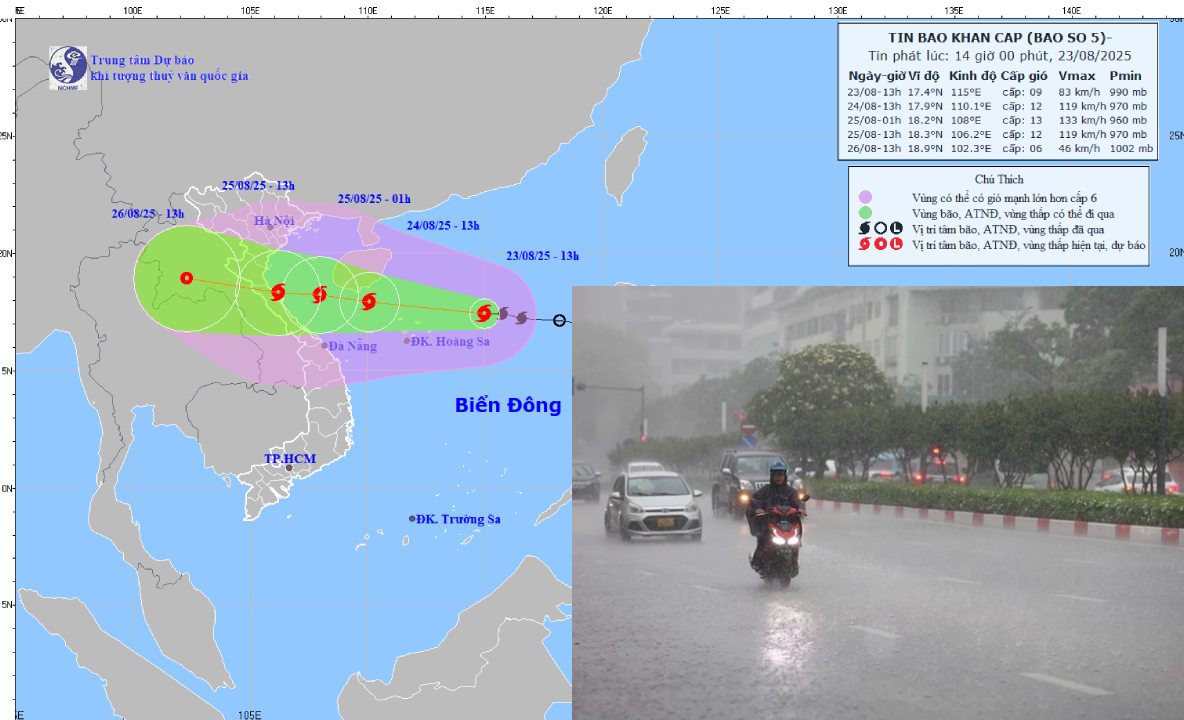 Storm No. 5 will cause a very heavy rain in the Central region from tomorrow night, August 24. Source: National Center for Hydro-Meteorological Forecasting
