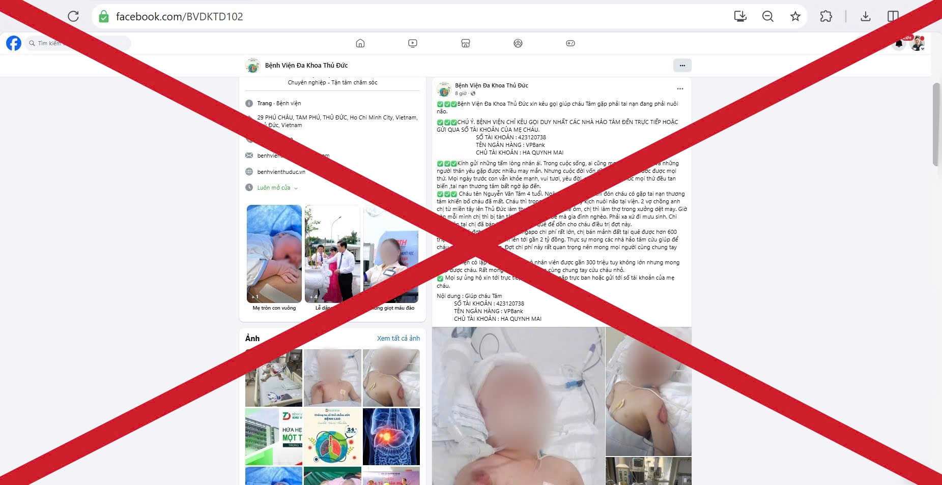 The article calling for charity from the fake hospital fanpage. Photo: BVCC