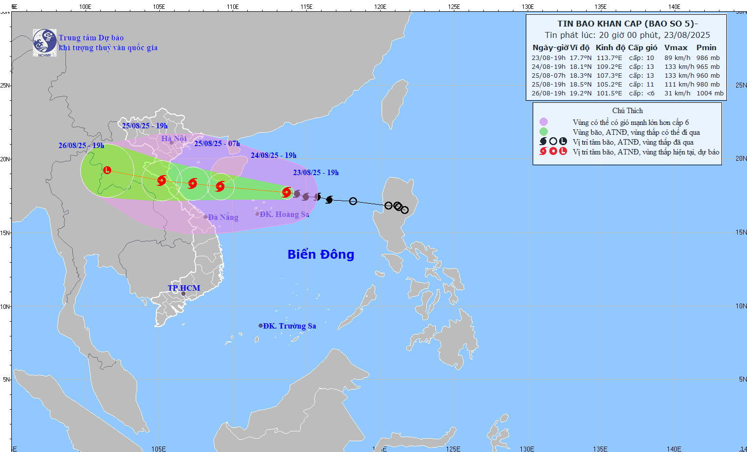 Ban do du bao quy dao va cuong do bao so 5 luc 19h ngay 23.8. Anh: Trung tam Du bao Khi tuong - Thuy van Quoc gia