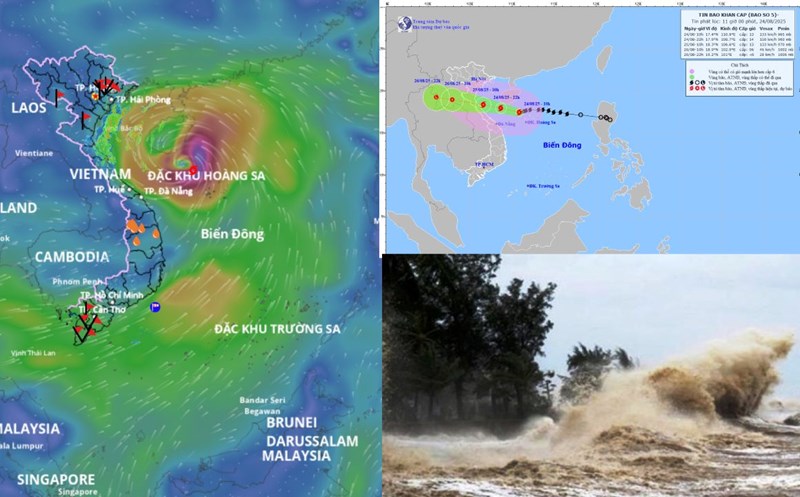 Du bao bao so 5 gay bien dong du doi o vung bien phia tay khu vuc bac Bien Dong. Anh ghep: An An/Nguon vi tri bao: Trung tam Du bao Khi tuong Thuy van Quoc gia, He thong Giam sat thien tai Viet Nam