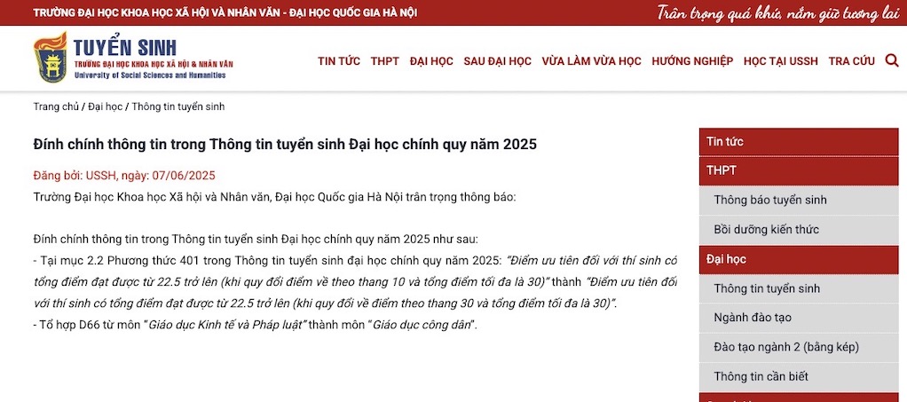 Thong bao dinh chinh cua Truong Dai hoc Khoa hoc Xa hoi va Nhan van ngay 7.6. Anh chup man hinh