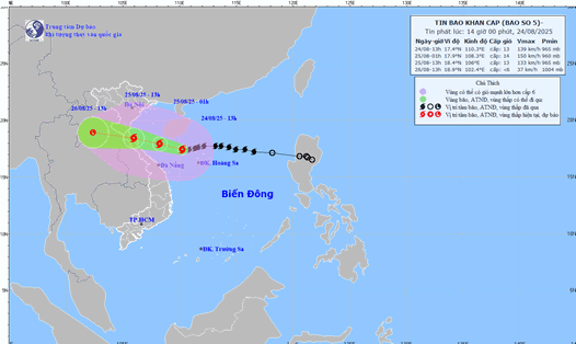 Dự báo đường đi và vùng ảnh hưởng trực tiếp của bão số 5 Kajiki. Ảnh: NCHMF