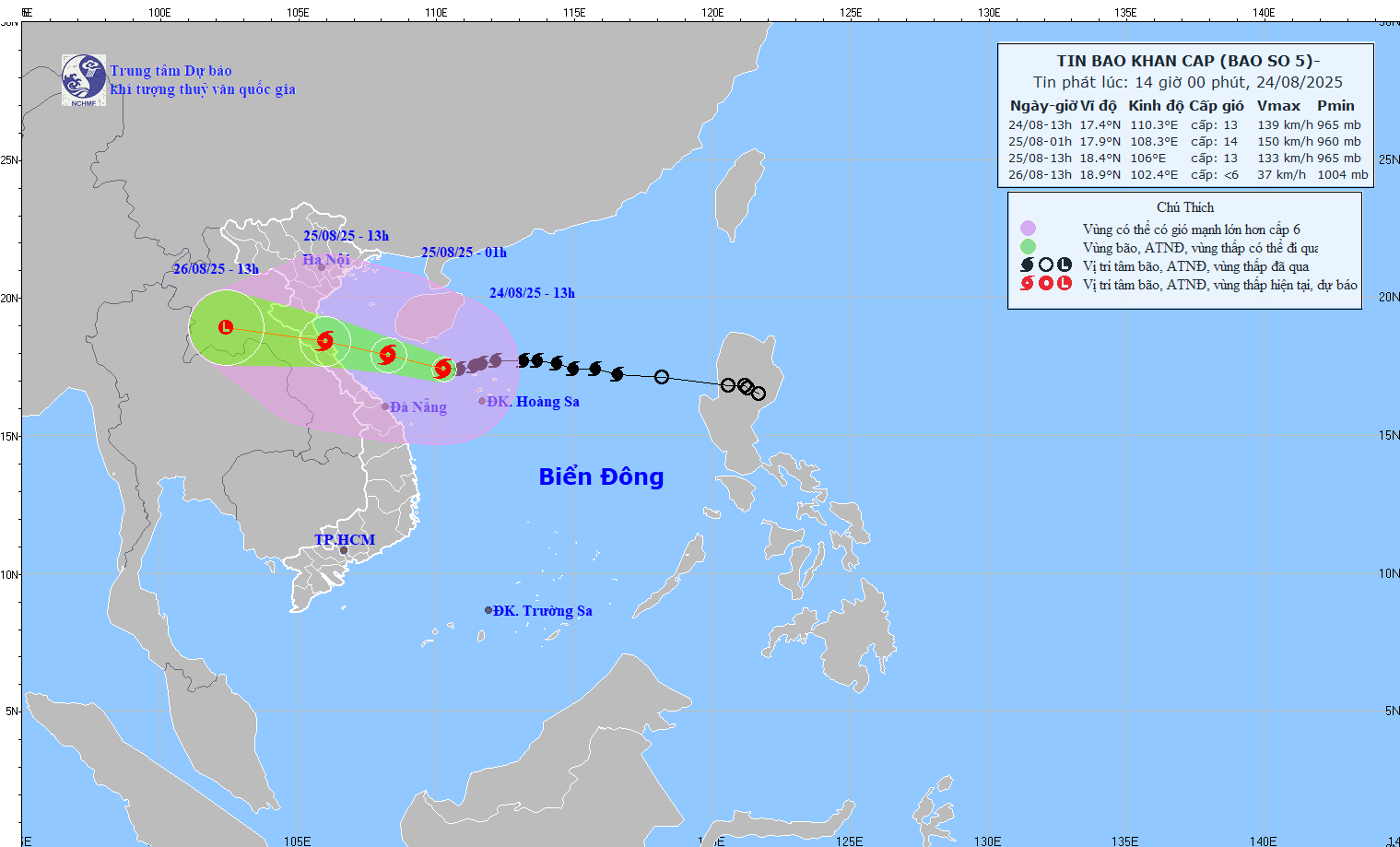 Cap nhat vi tri va duong di cua bao so 5 hoi 14 gio ngay 24.8. Nguon: Trung tam Du bao Khi tuong Thuy van Quoc gia