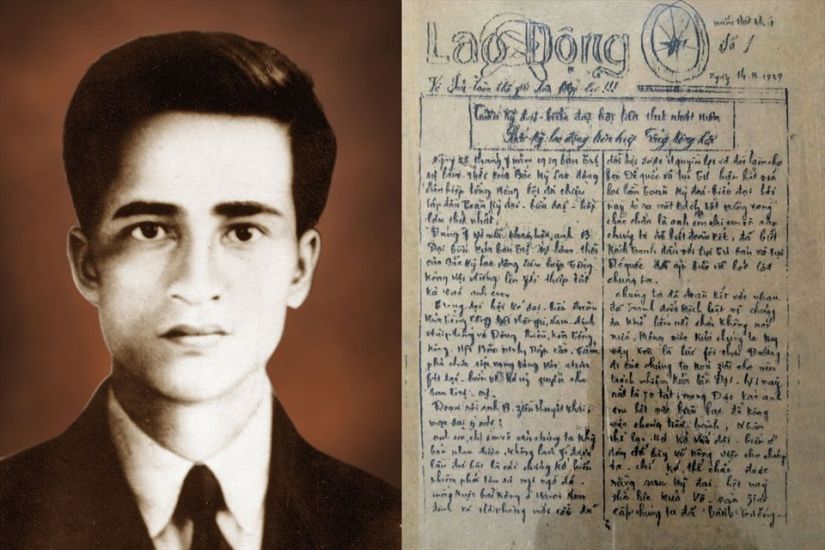 1929년 8월 14일자 노동 신문 및 노동 신문 1호의 첫 번째 편집장인 Nguyen Duc Canh 지도자의 초상화. 자료 사진