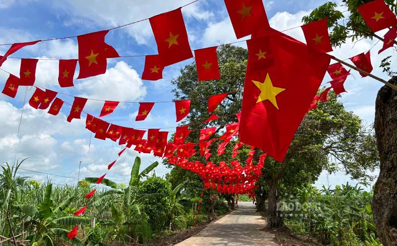 The alley with the traditional longan shop in Tien La commune, Hung Yen province is filled with red on the occasion of National Day, September 2. Photo: Dinh Dung