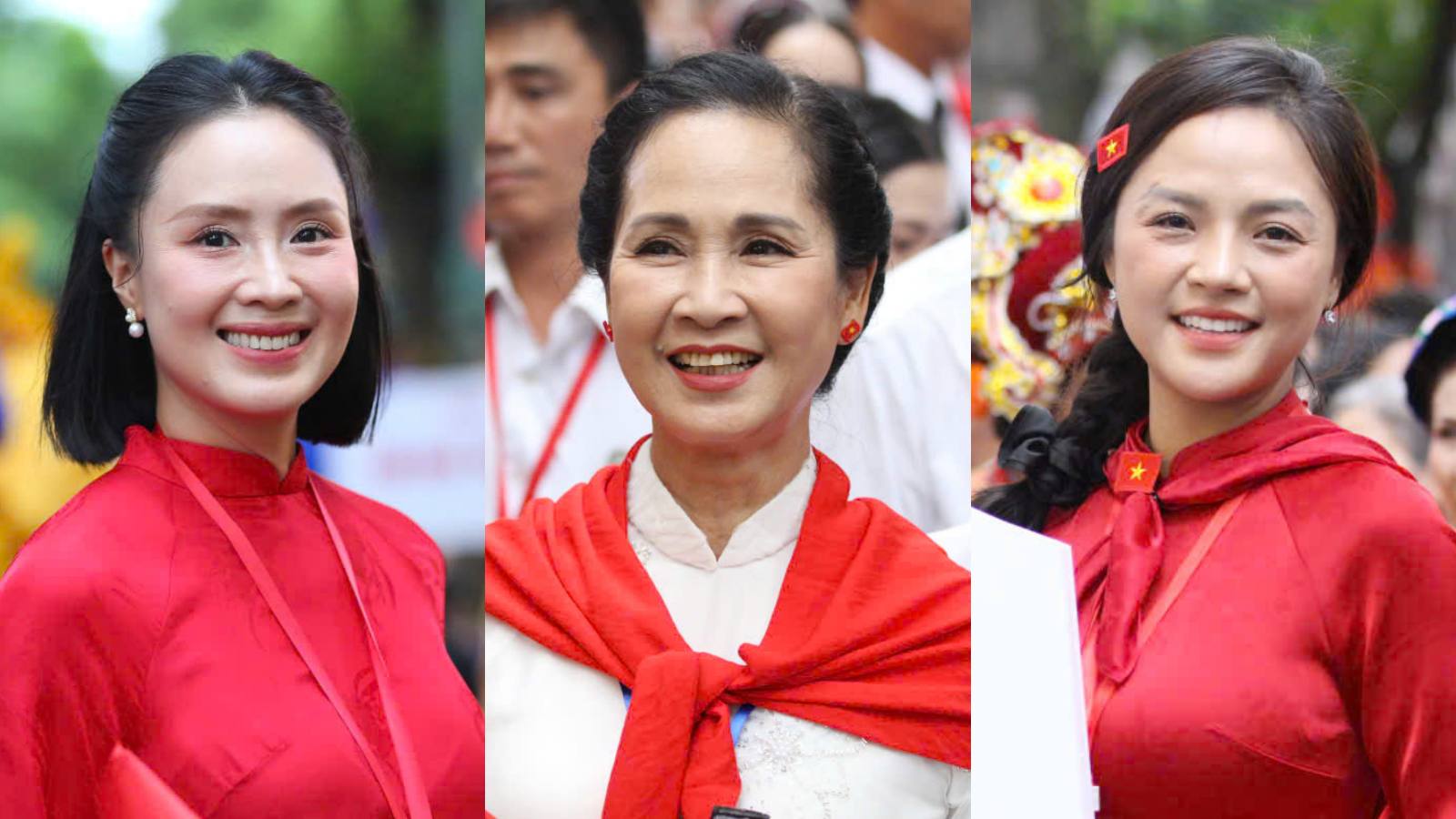 The cast wore ao dai and red scarves at the parade and parade on the evening of August 24. Photo: Huyen Chi