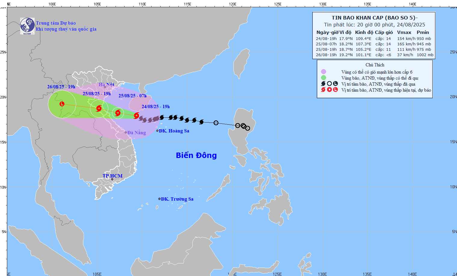 Updated location and path of storm No. 5 at 8:00 p.m. on August 24. Source: National Center for Hydro-Meteorological Forecasting