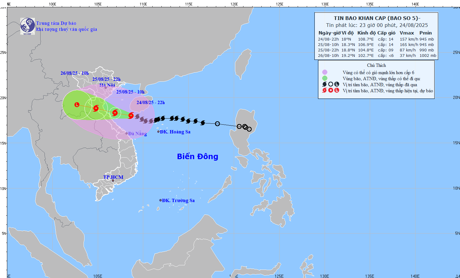 Updated location and path of storm No. 5 Kajiki at 11:00 p.m. on August 24. Source: National Center for Hydro-Meteorological Forecasting