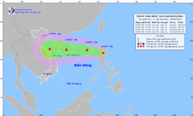 Bao so 5 voi suc gio cap 13-14 (134-166km/h), giat cap 16 dang huong vao dat lien cac tinh tu Thanh Hoa den Quang Tri, toc do di chuyen 15 km/gio. Nguon: Trung tam du bao khi tuong thuy van quoc gia
