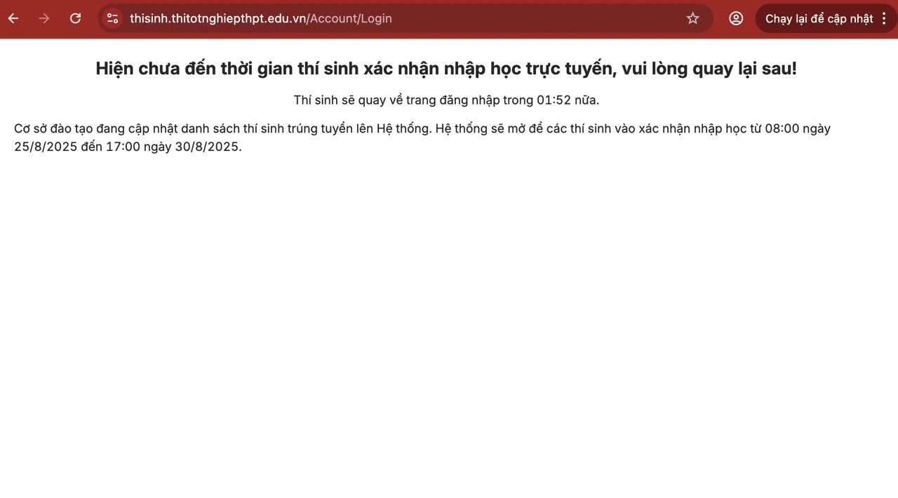 Nghen mang khien thi sinh, phu huynh khong truy cap duoc vao he thong cua Bo GDDT de xac nhan nhap hoc. Anh chup man hinh