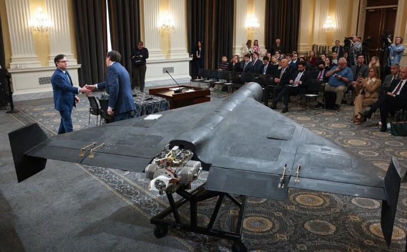 US House of Representatives Speaker Mike Johnson speaks next to a Shahed 136 military UAV at a press conference at Capitol Hill on May 8, 2025. Photo: AFP