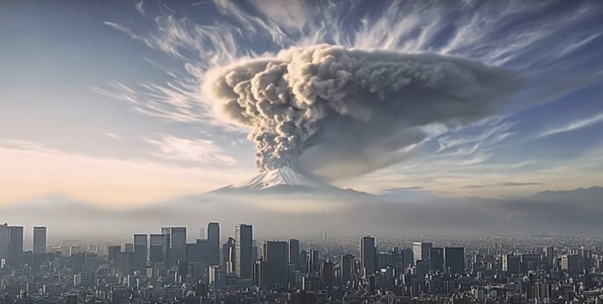 Una escena tomada de un video que simula la erupcion de la montaña Phu Si publicado por la ciudad de Tokio. Foto: Gobierno de la ciudad de Tokio