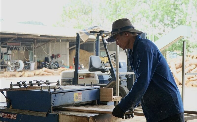 Mr. Nguyen Chi Son - a worker at Di Linh Forestry One Member Co., Ltd. recycling lipso sawing tongs has been discarded and reused for reuse for the tray sawing machine. Photo: Do Lam