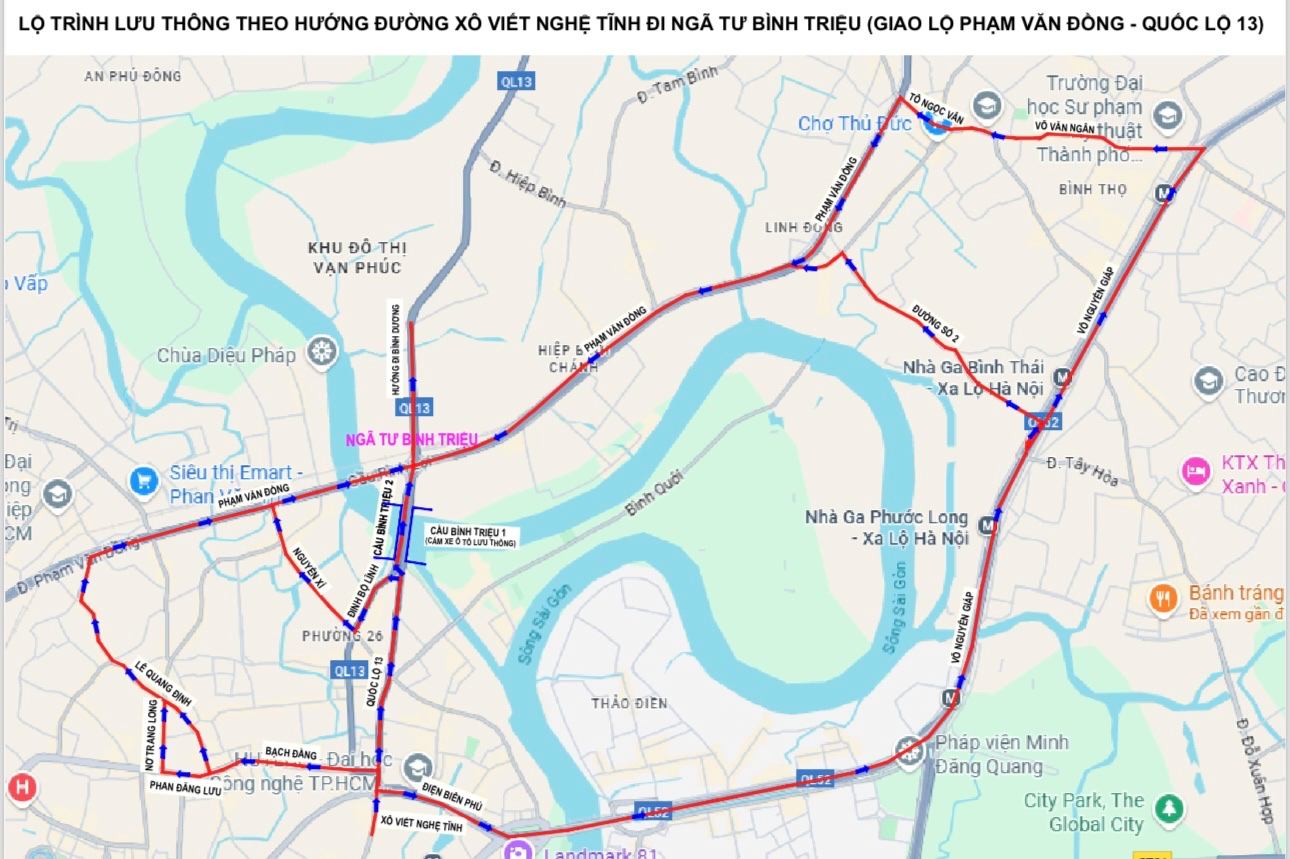 Lo trinh di tu nga tu Hang Xanh den nga tu Binh Trieu. Anh: Trung tam Quan ly ha tang giao thong duong bo