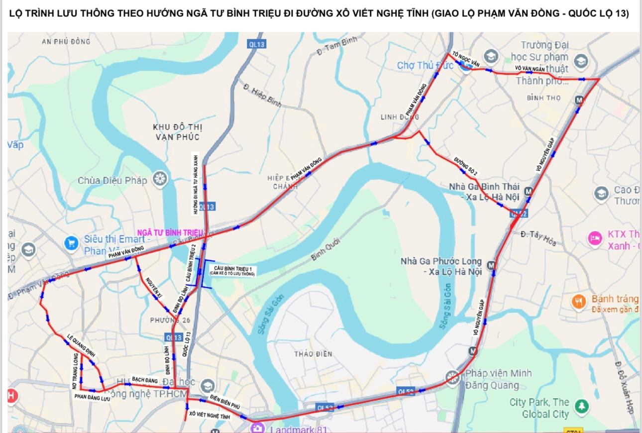 Lo trinh tu nga tu Binh Trieu di nga tu Hang Xanh. Anh: Trung tam Quan ly ha tang giao thong duong bo
