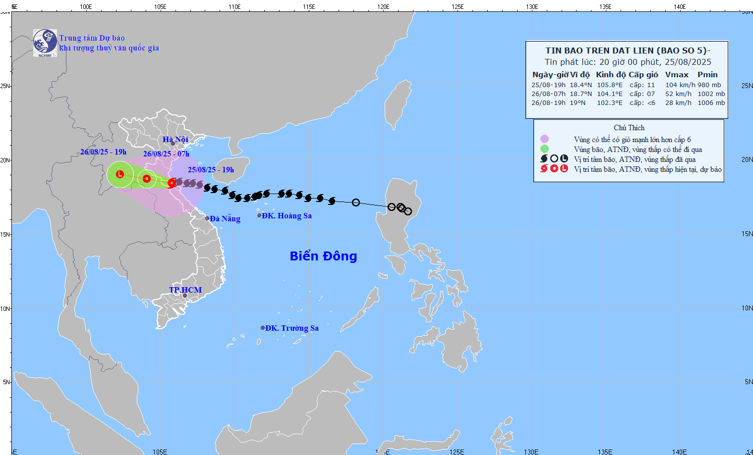 Updated location and path of storm No. 5 Kajiki at 8:00 p.m. on August 25. Source: National Center for Hydro-Meteorological Forecasting