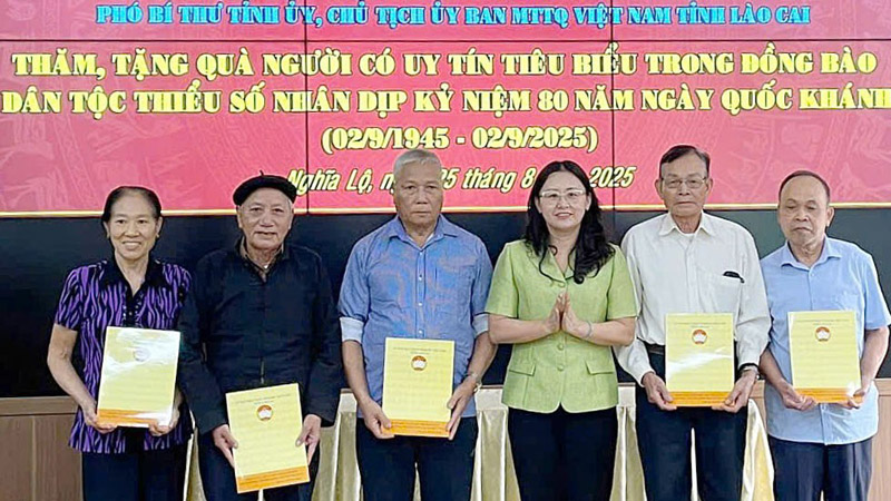 Ba Giang Thi Dung, Pho Bi thu Tinh uy, Chu tich Uy ban MTTQ Viet Nam tinh Lao Cai tang qua cho nguoi co uy tin tai phuong Nghia Lo. Anh: Cong thong tin Lao Cai