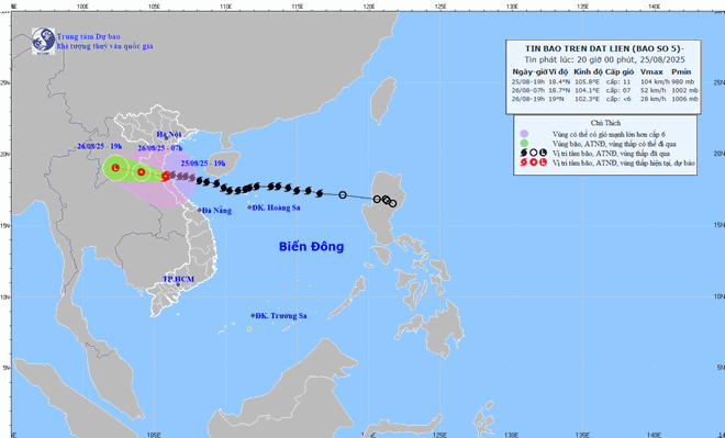 Updated location and path of storm No. 5 Kajiki at 8:00 p.m. on August 25. Source: National Center for Hydro-Meteorological Forecasting