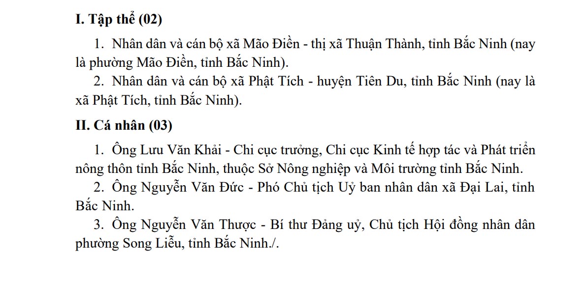 List of collectives and individuals in Bac Ninh who have just been awarded a Certificate of Merit by the Prime Minister. Photo: Van Truong