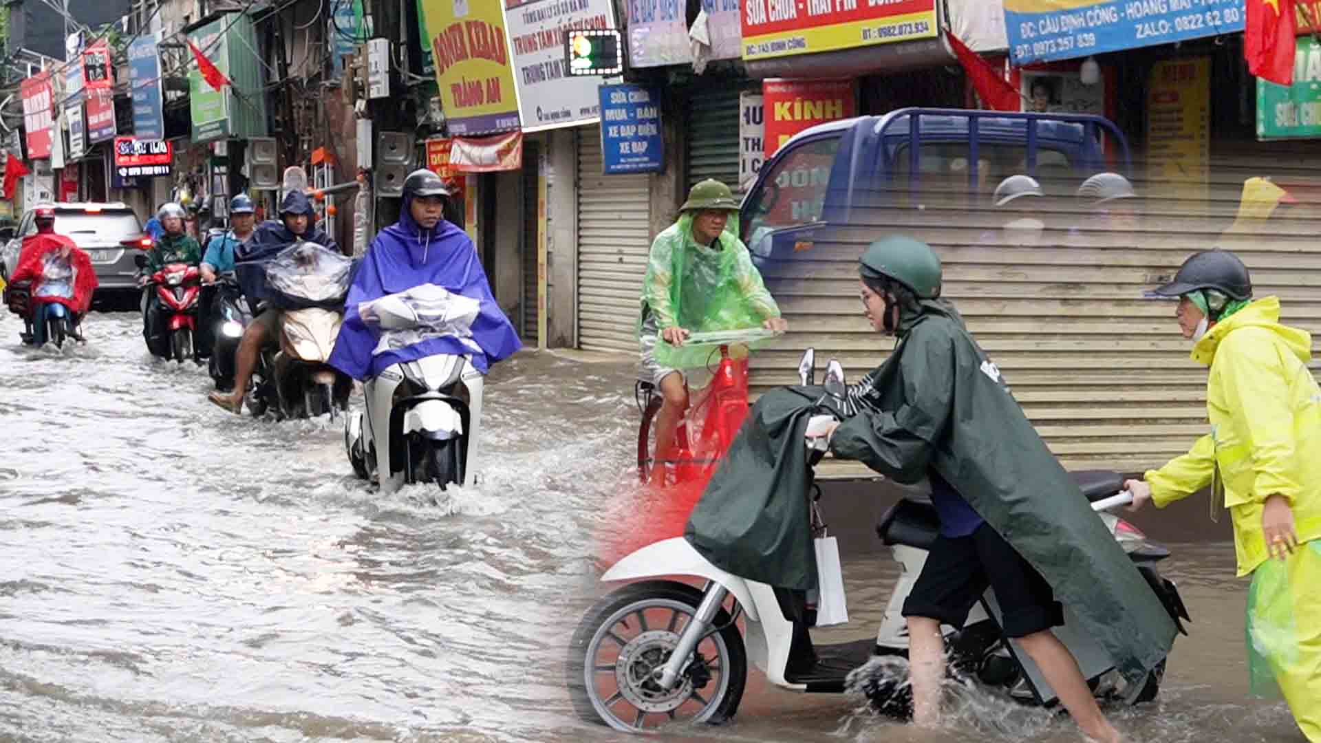 Heavy rain overnight, streets flooded, people stretched out tarps to build water-resistant barriers