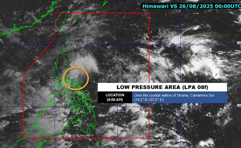 Posicion del centro de la baja presion 08f a las 8 am del 26 de agosto Foto: PAGASA
