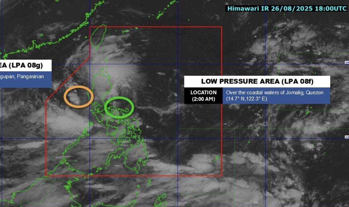 8월 27일 아침 동해에 나타난 저기압(노란색)과 동해 근처의 저기압(녹색). 사진: PAGASA