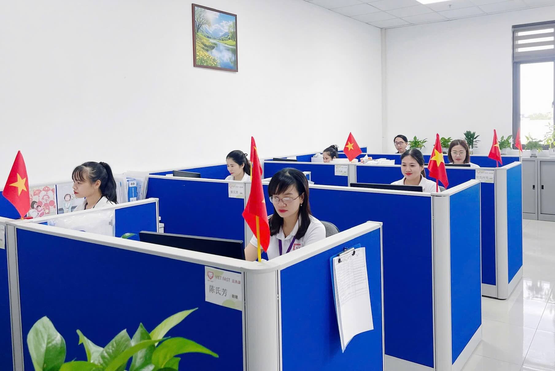 국기 색깔로 가득 찬 작업 공간. 사진: 응에안 노동조합