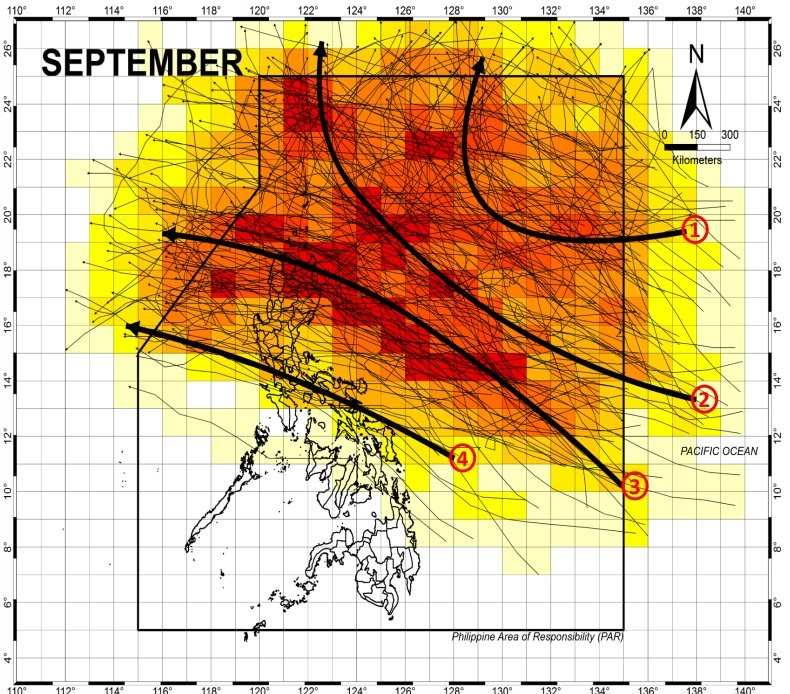 Du bao 4 huong di cua bao trong thang 9.2025. Anh: PAGASA