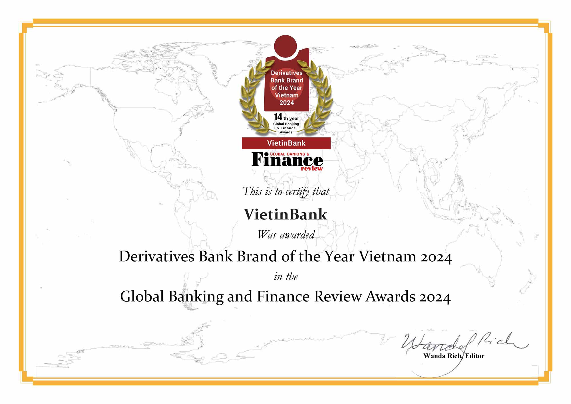Global Banking & Finance Review vinh danh VietinBank hang muc “Ngan hang cung ung san pham phai sinh tot nhat Viet Nam nam 2024”. Ảnh: VietinBank