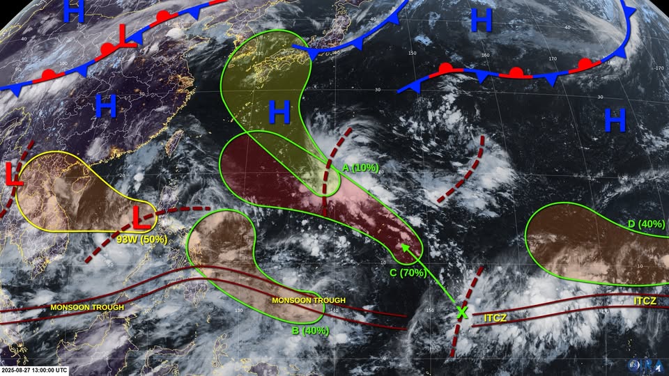 Cac ap thap nhiet doi, nhieu dong tren Bien Dong va Tay Thai Binh Duong ngay 28.8. Anh: JTWC