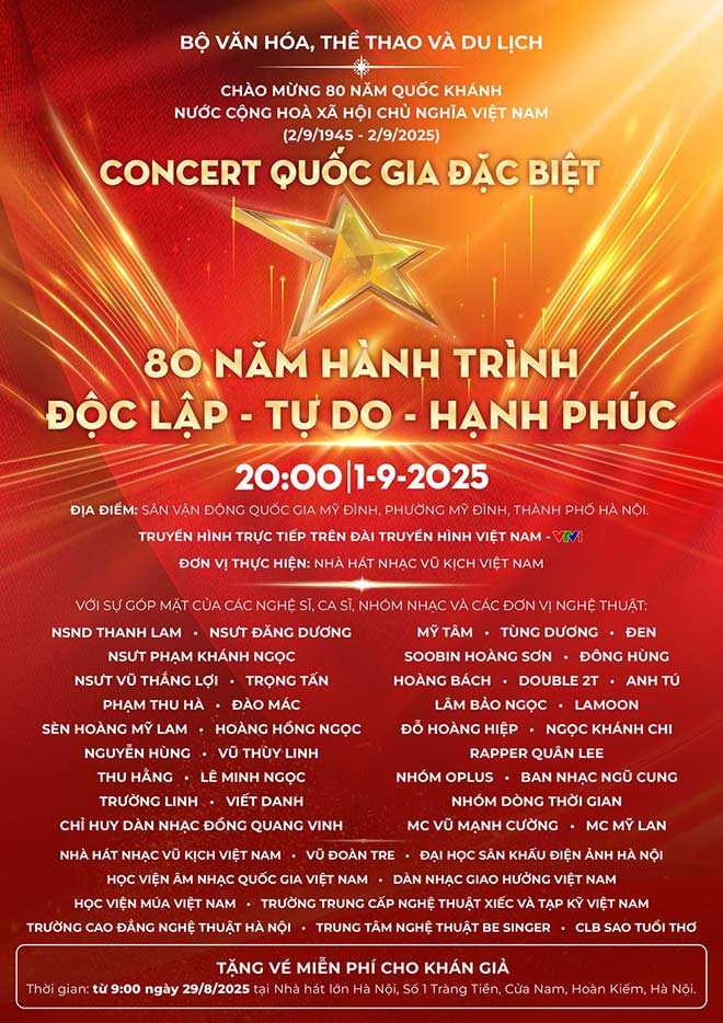 Chuong trinh nghe thuat dac biet “80 nam hanh trinh Doc lap - Tu do - Hanh phuc” se dien ra luc 20h ngay 1.9 tai San van dong Quoc gia My Dinh (Ha Noi). Anh: Ban to chuc cung cap