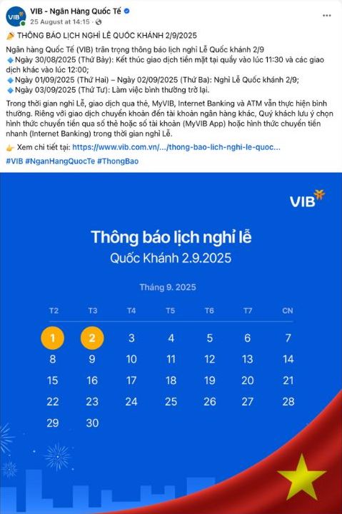 Giao dich tien mat tai quay se tam ngung tu 11h30 ngay 30.8. Nguon: VIB