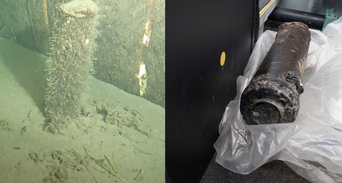 El objeto esta junto al gasoducto Nord Stream en el fondo del mar y despues del rescate. Foto: Ministerio de Defensa de Dinamarca