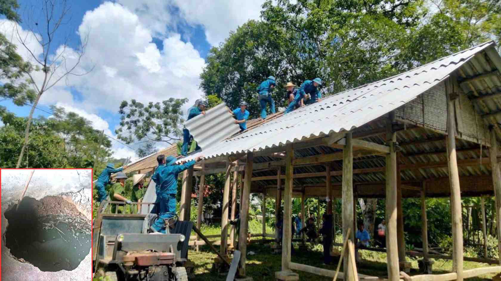 Un trou de chute d'environ plus d'un metre de diametre apparaît dans une maison d'un habitant de la commune de Yen Binh province de Lang Son. Photo : Le Phuong