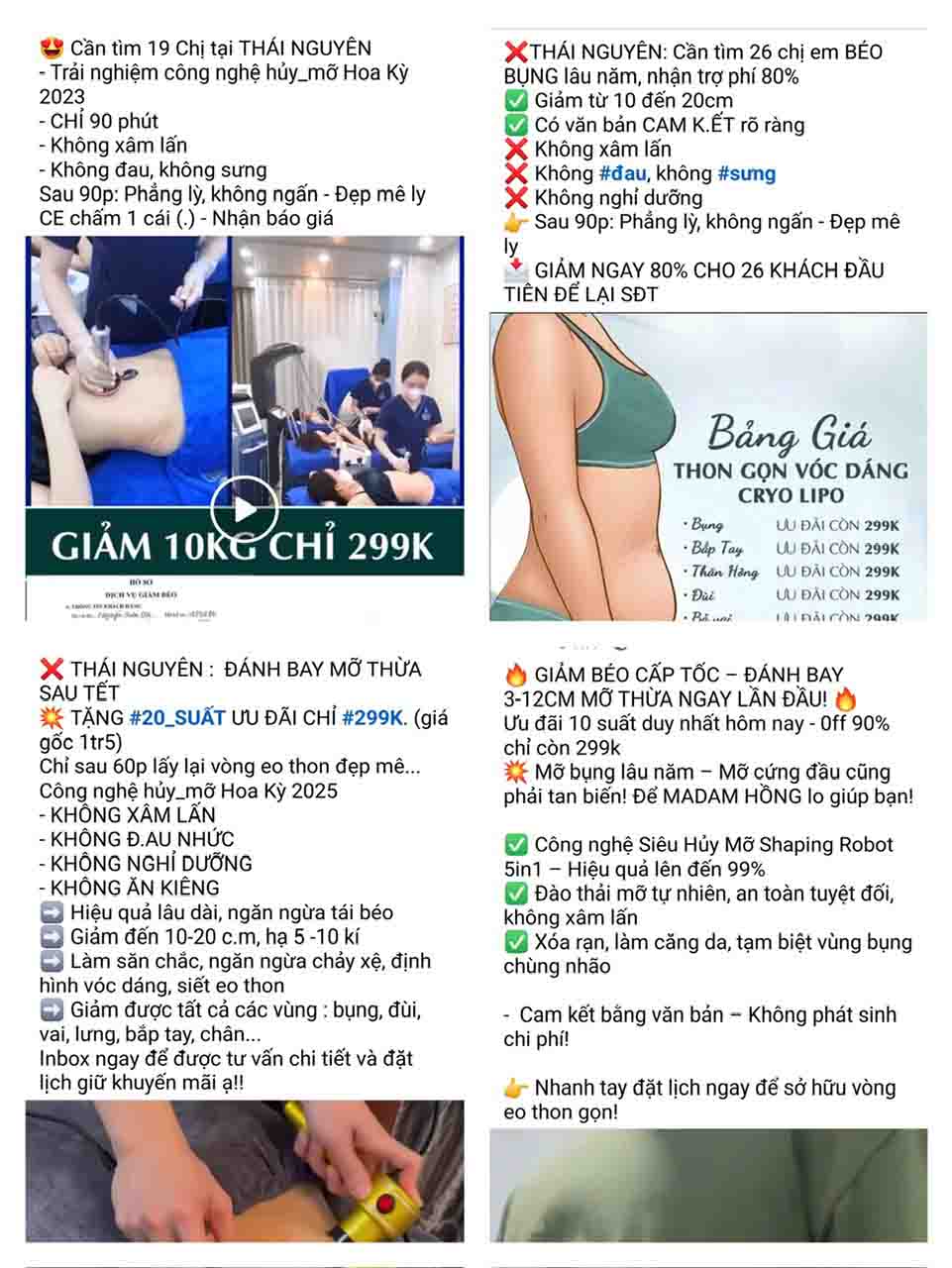 Những quảng cáo giảm mỡ siêu tốc tràn lan trên mạng xã hội. Ảnh: PV.