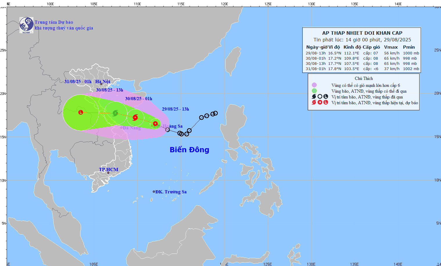 Cap nhat vi tri va duong di cua bao so 6 hoi 14 gio ngay 29.8. Nguon: Trung tam Du bao Khi tuong Thuy van Quoc gia