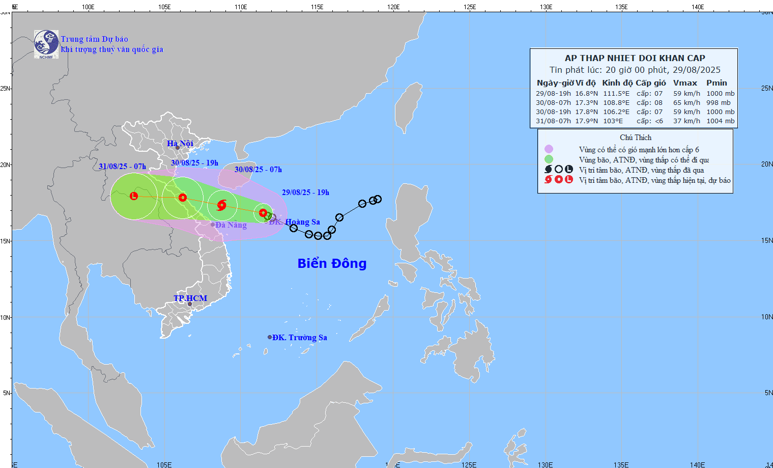 Cap nhat vi tri va duong di cua bao so 6 hoi 20 gio ngay 29.8. Nguon: Trung tam Du bao Khi tuong Thuy van Quoc gia