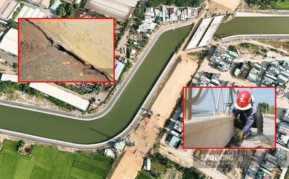 Le systeme de drainage des inondations de la riviere Dinh presente des fissures apres quelques mois d'exploitation. Photo : Hoai Phuong