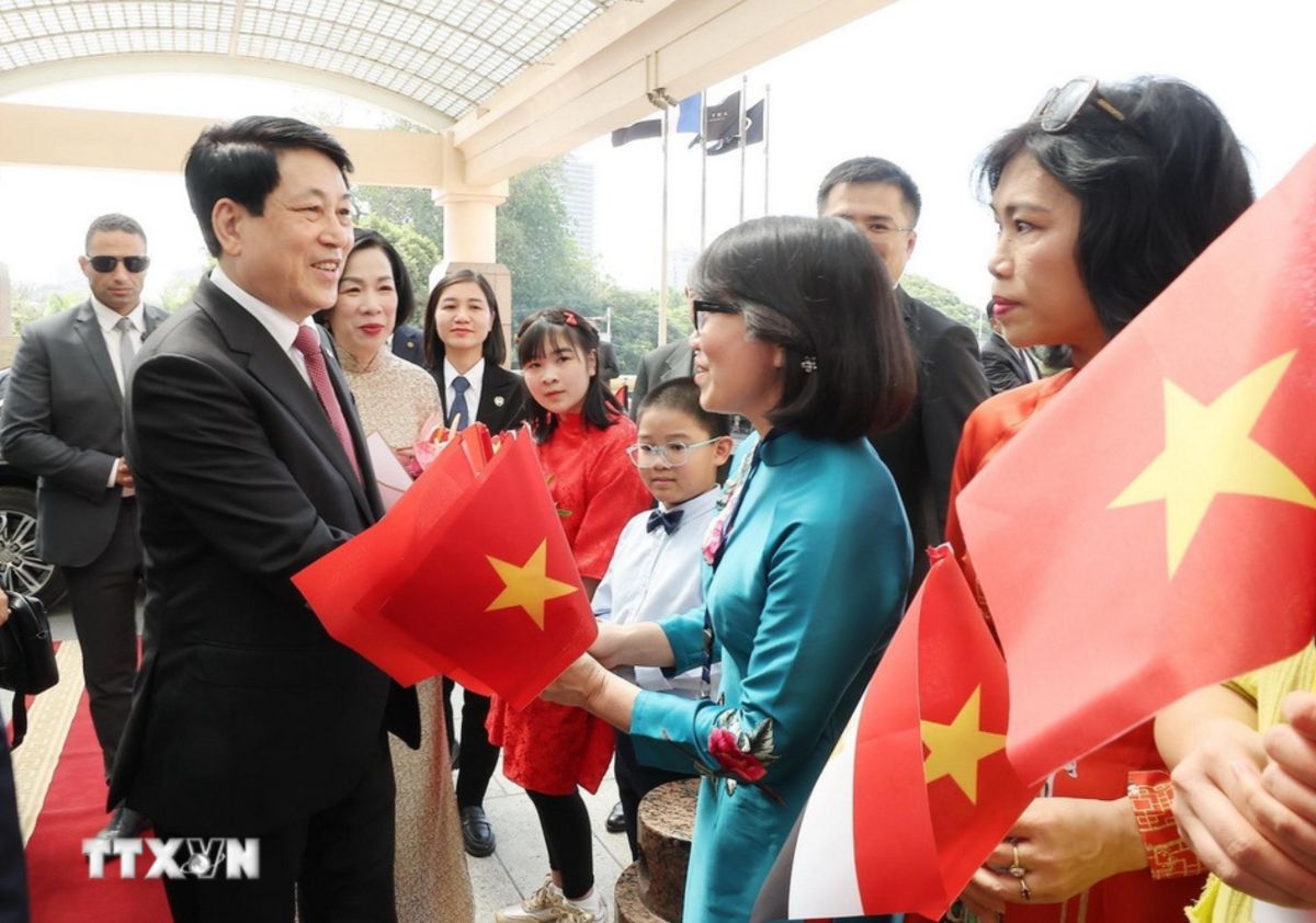 Kieu bao don Chu tich nuoc Luong Cuong va Phu nhan tai san bay quoc te Cairo, Ai Cap. Anh: TTXVN