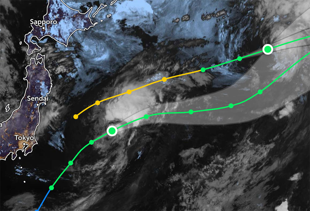 일본 해안에서 떨어진 태풍 바일루(아래)와 태풍 크로사의 경로 업데이트. 사진: 히마와리