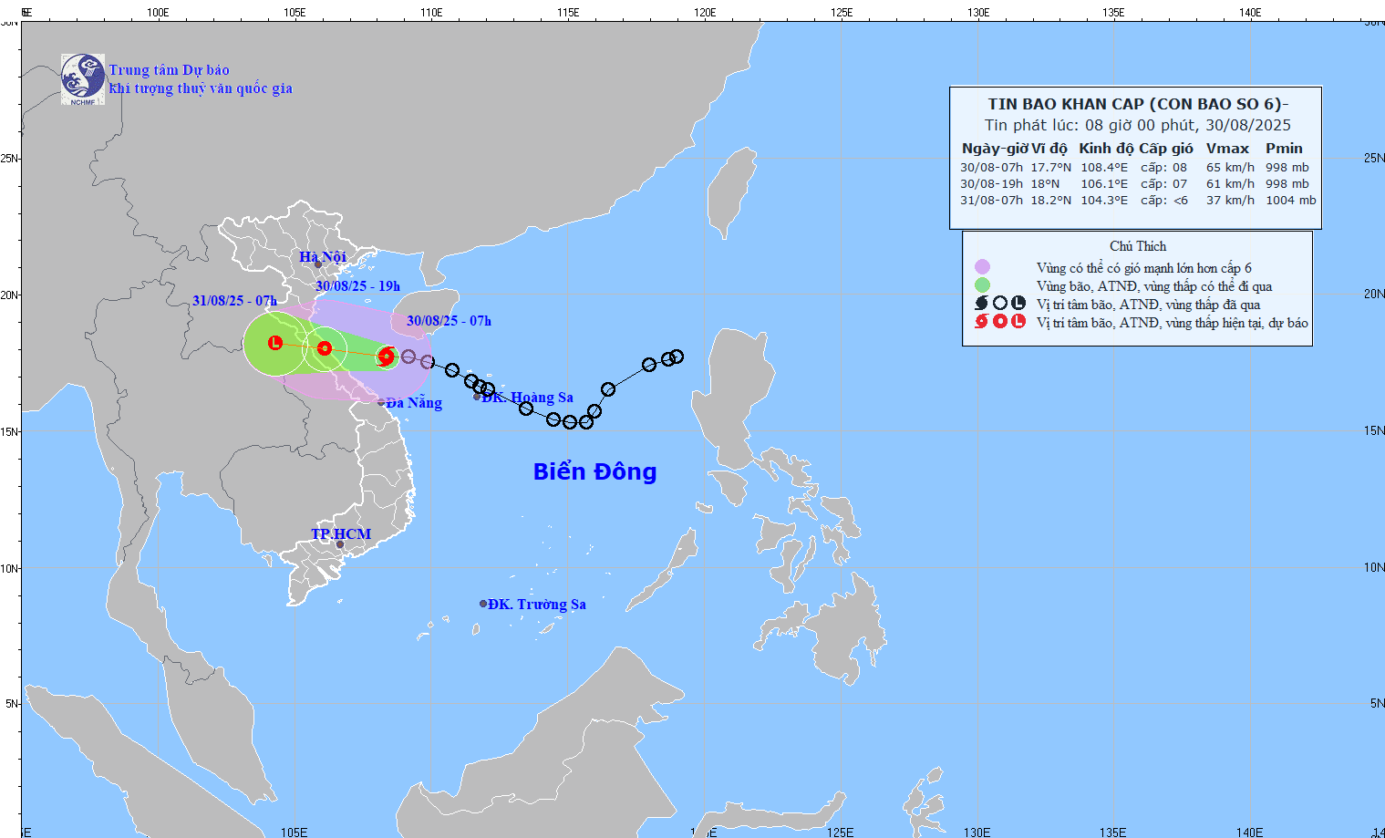 Cap nhat vi tri va duong di cua bao so 6 hoi 8 gio ngay 30.8. Nguon: Trung tam Du bao Khi tuong Thuy van Quoc gia