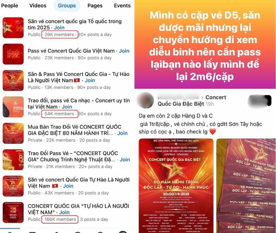 Hang loat hoi nhom, dien dan san sang nhan san ve, nhuong ve, trao doi ve concert quoc gia vao ngay 1.9 toi. Anh: Chup man hinh 