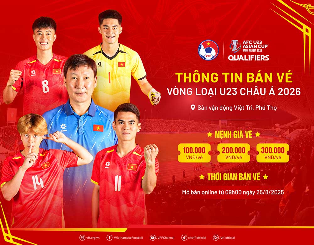 Thong tin ban ve cac tran vong loai U23 chau A 2026 tai Phu Tho. Anh: VFF