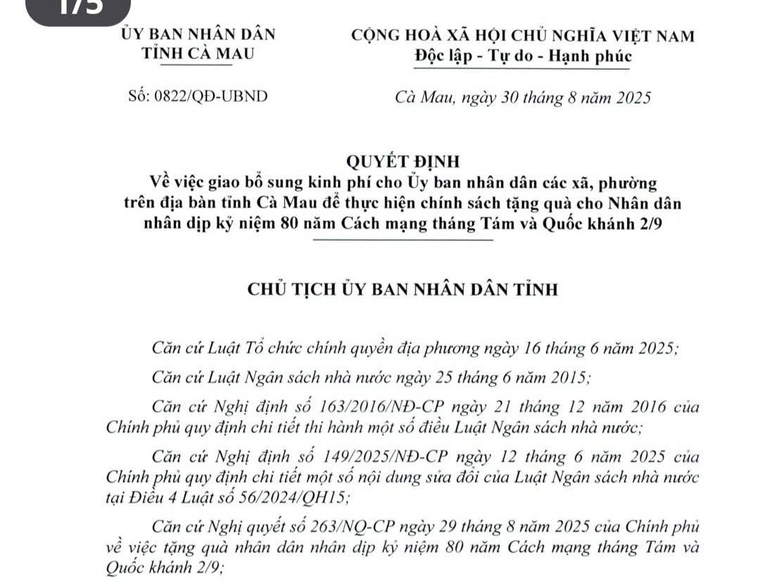 Quyet dinh cua UBND tinh Ca Mau ve phan bo kinh phi cho cac dia phuong de kip thoi tang qua cho nguoi dan nhan ky niem 80 nam Quoc khanh. Anh: Nhat Ho