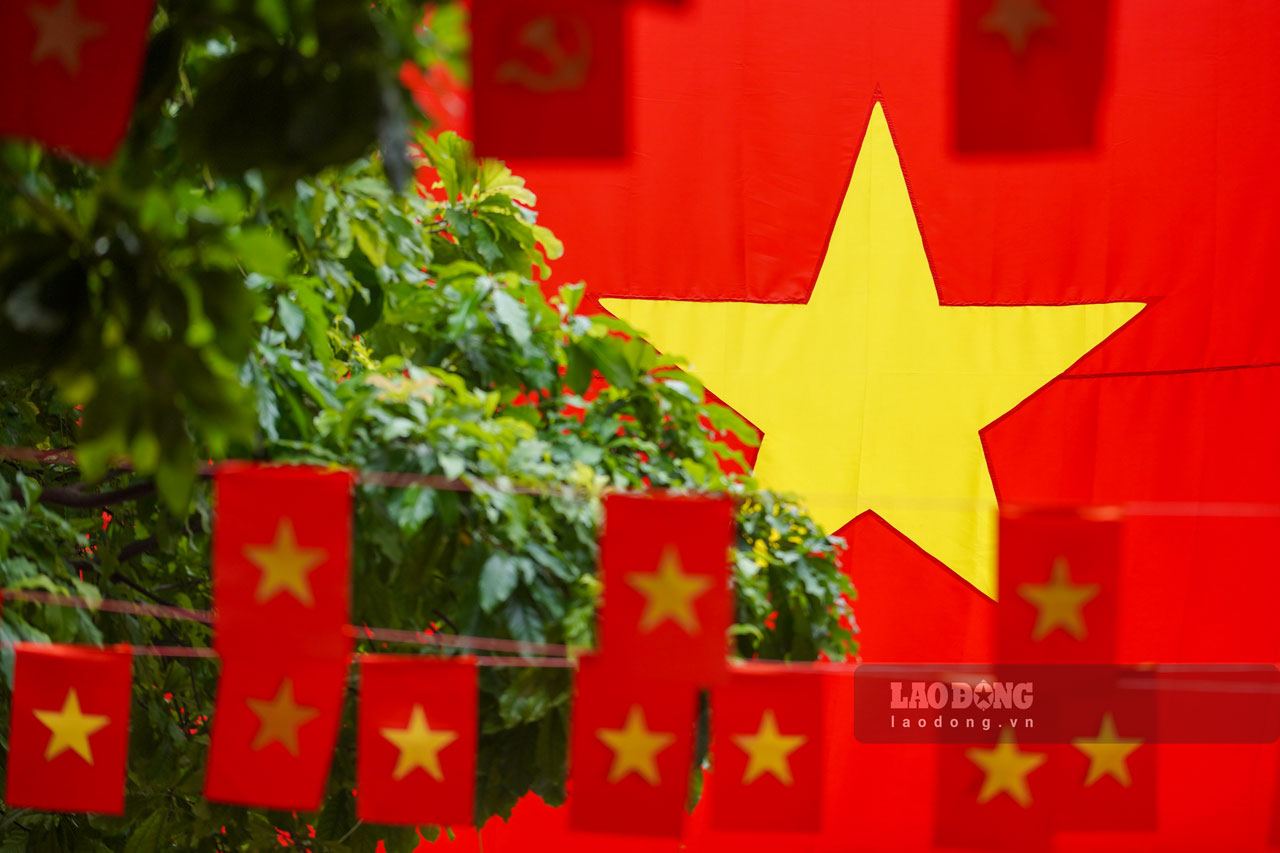 Hanoi viste banderas rojas con estrellas doradas alegremente celebrando el Tet de la Independencia