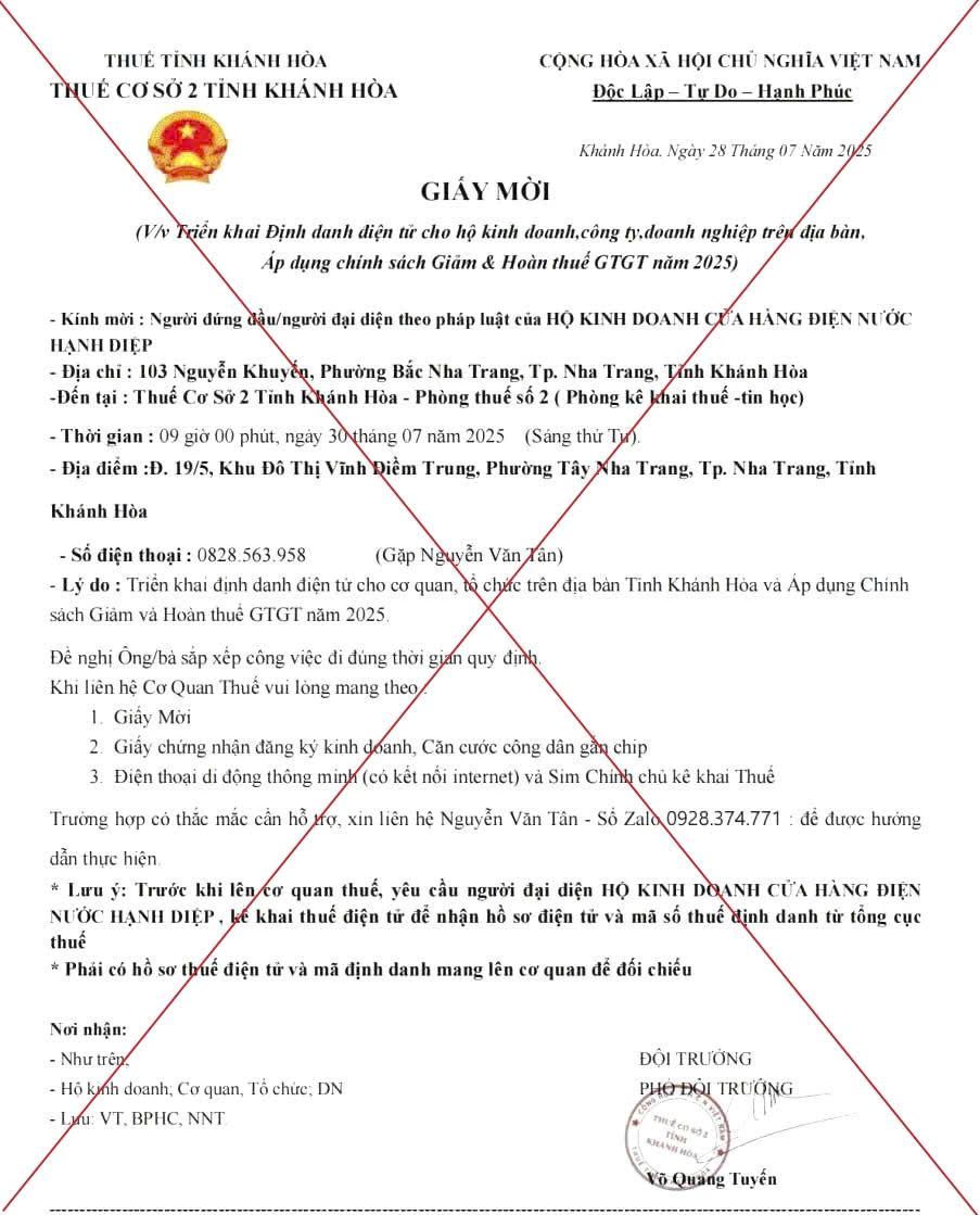 Văn bản giả mạo cán bộ thuế Khánh Hòa thời gian qua được phát hiện. Ảnh: Khánh Hà
