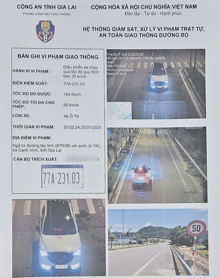 Un coche con matricula 77A-231.03 circulaba a 54 km/h por encima de la velocidad permitida al cruzar la interseccion de la carretera nacional en Gia Lai. Foto: Departamento de Policia de Trafico