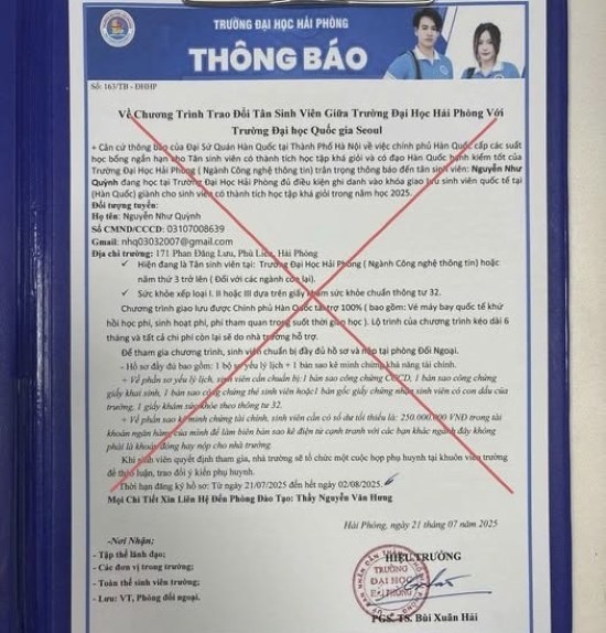 Giả mạo Trường Đại học Hải Phòng để tuyển sinh viên đi trao đổi tại Hàn Quốc
