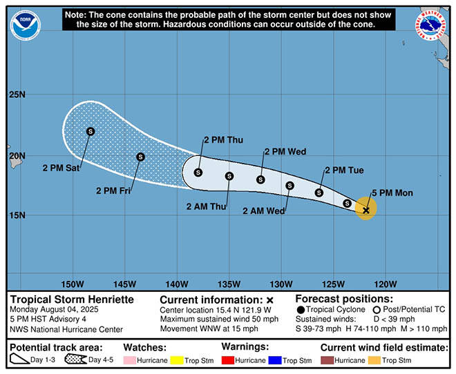 향후 5년 동안 동태평양 해상에서 열대성 폭풍 앙리에트의 경로 및 영향 지역 예측. 사진: NHC