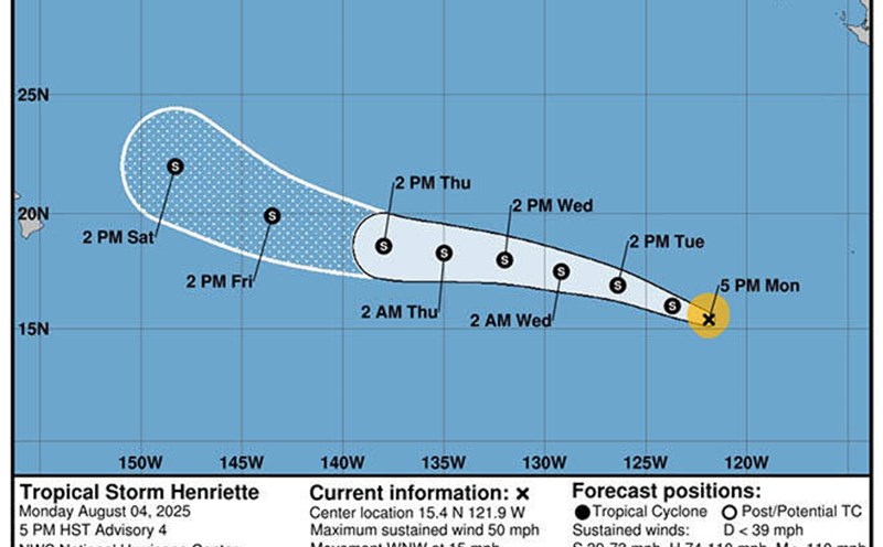 Forecast of the path and area of influence of Tropical Storm Henriette in the 5 upcoming months in the eastern sea of the Pacific Ocean. Photo: NHC